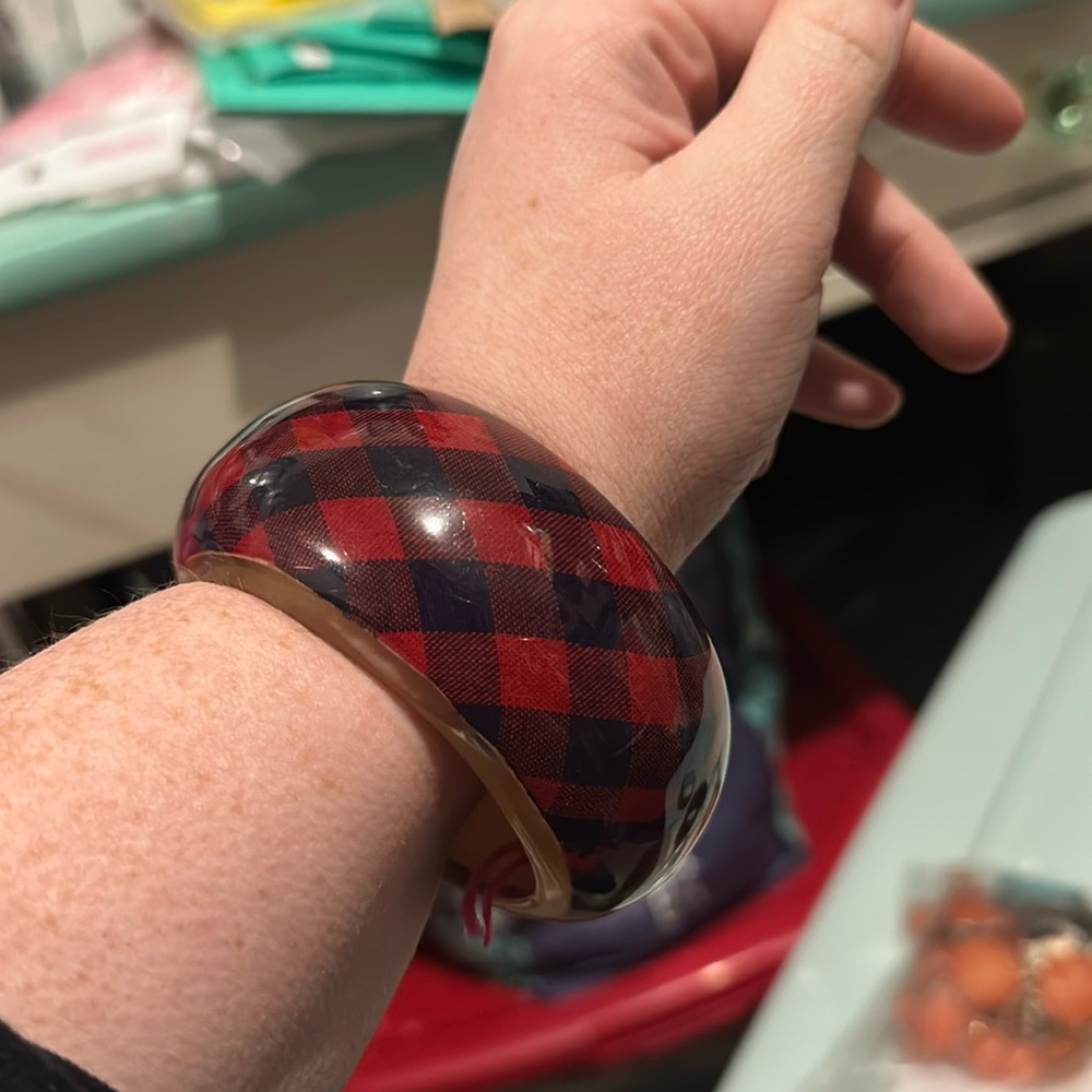 Lucite Red and Blue Plaid Bangle Bracelet